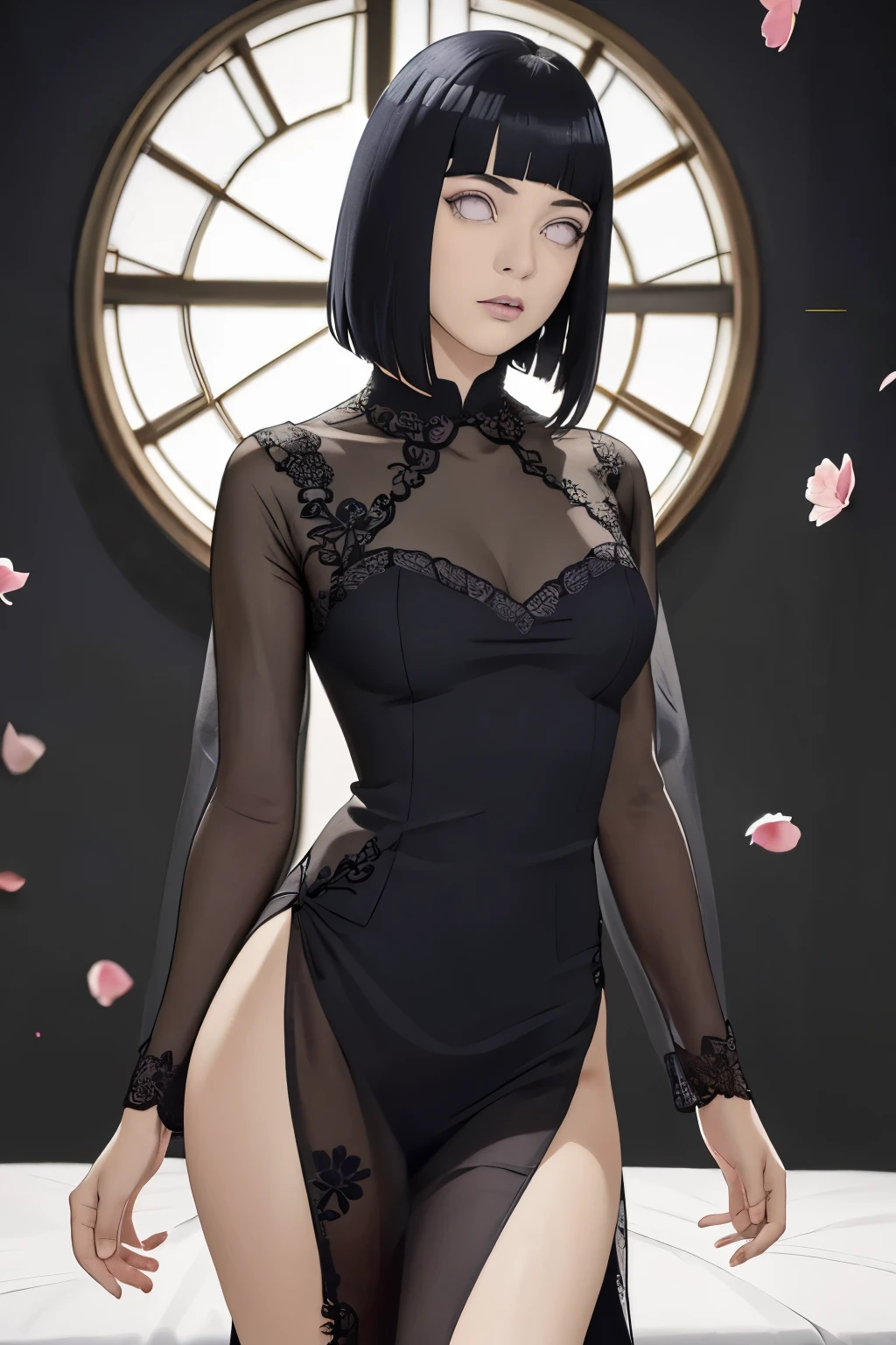 obra maestra, absurdos, Hinata\(boruto\), 1 chica, Solo,mujer madura, vestido floral sin hombro, looking at the petals by viewelling), perfect composition, detallado lips, pecho grande, Hermoso rostro, body proportion, rubor, (Labios rosados), pelo largo,  ojos morados,  mirada suave,  super realistic, detallado, Photoshoot, cara y cuerpo realistas, sexual expression, seductive expression, mqmf.