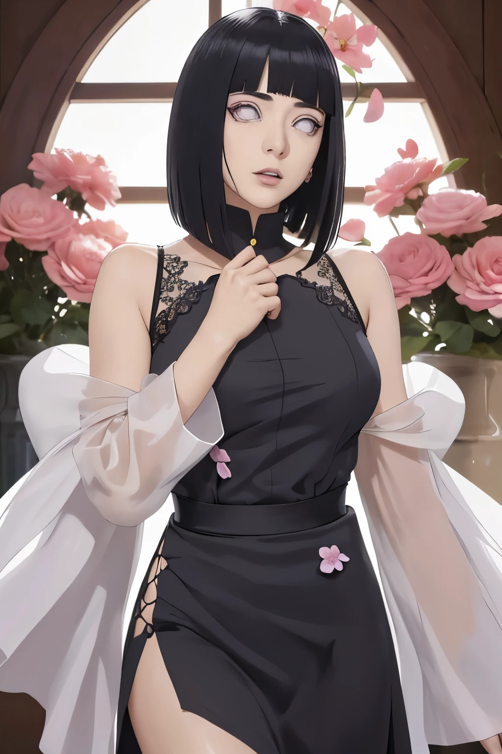 obra maestra, absurdos, Hinata\(boruto\), 1 chica, Solo,mujer madura, vestido floral sin hombro, looking at the petals by viewelling), perfect composition, detallado lips, pecho grande, Hermoso rostro, body proportion, rubor, (Labios rosados), pelo largo,  ojos morados,  mirada suave,  super realistic, detallado, Photoshoot, cara y cuerpo realistas, sexual expression, seductive expression, mqmf.