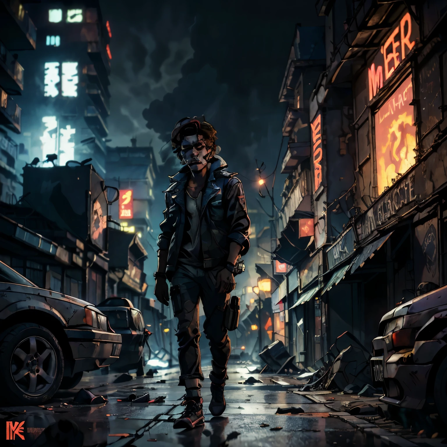 visage de diable dans fumée, cover album de rap, ville détruite, ambiance apocalyptique, style cyberpunk, pollution et fumée envahisse la ville, Walking Dead, destruction de la planète,