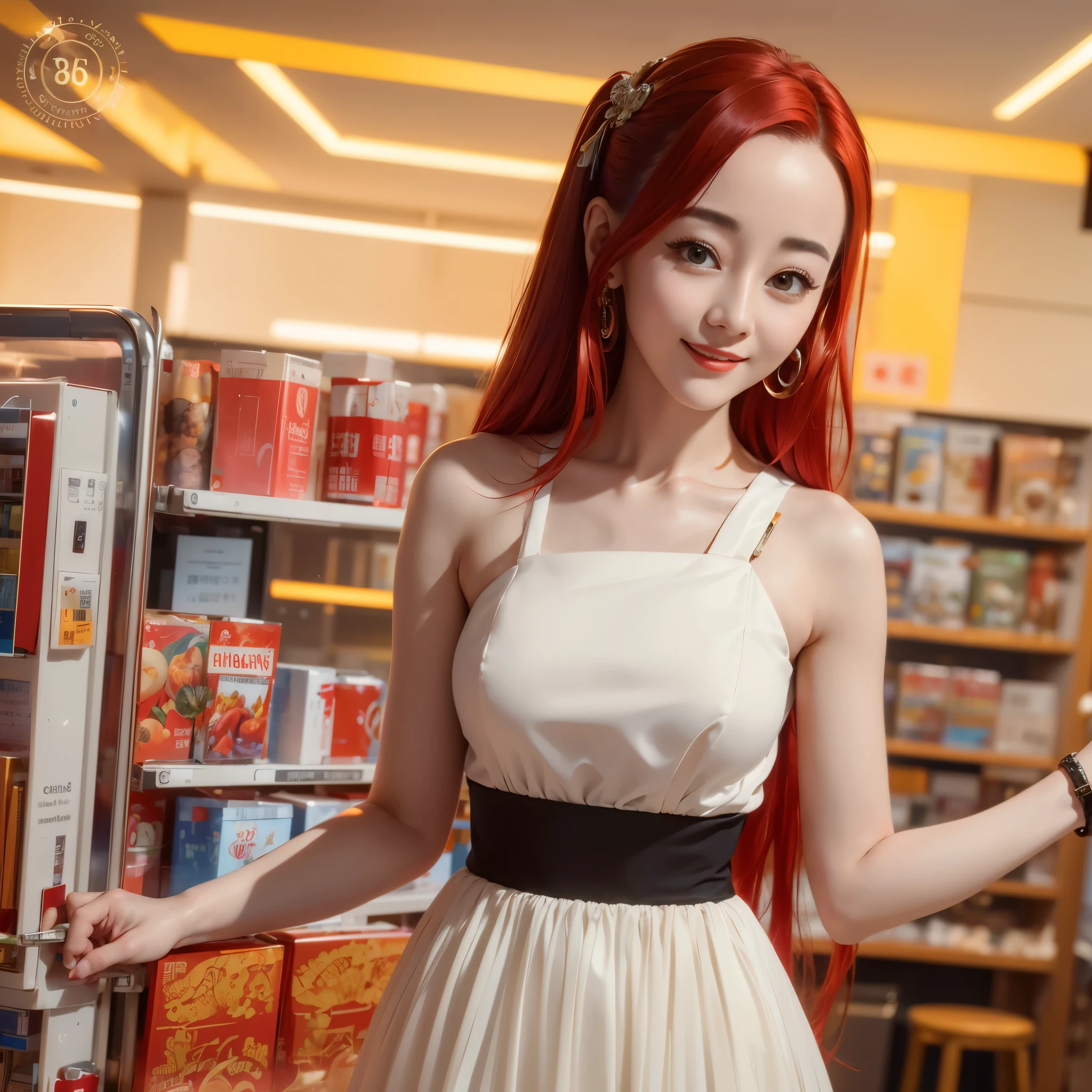 (best quality,4k,8k,highres,masterpiece:1.2),ultra-detailed, red haired Chinese college student, Dilraba Dilmurat, blue sundress, smiling, shopping at minimart, HDR, 8k, absurdres, cinestill 800, sharp focus