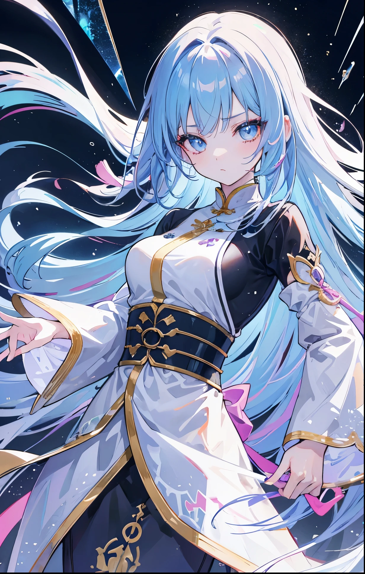 girl，anime style，looking at the audience，High level of detail，reflective transparent iridescent colors，long transparent iridescent hair，Portrait of waist up，华丽的神圣girl，best quality，Super detailed，sad，clever，beautiful face，Beautiful black light background，Rendered character style，dance in the rain