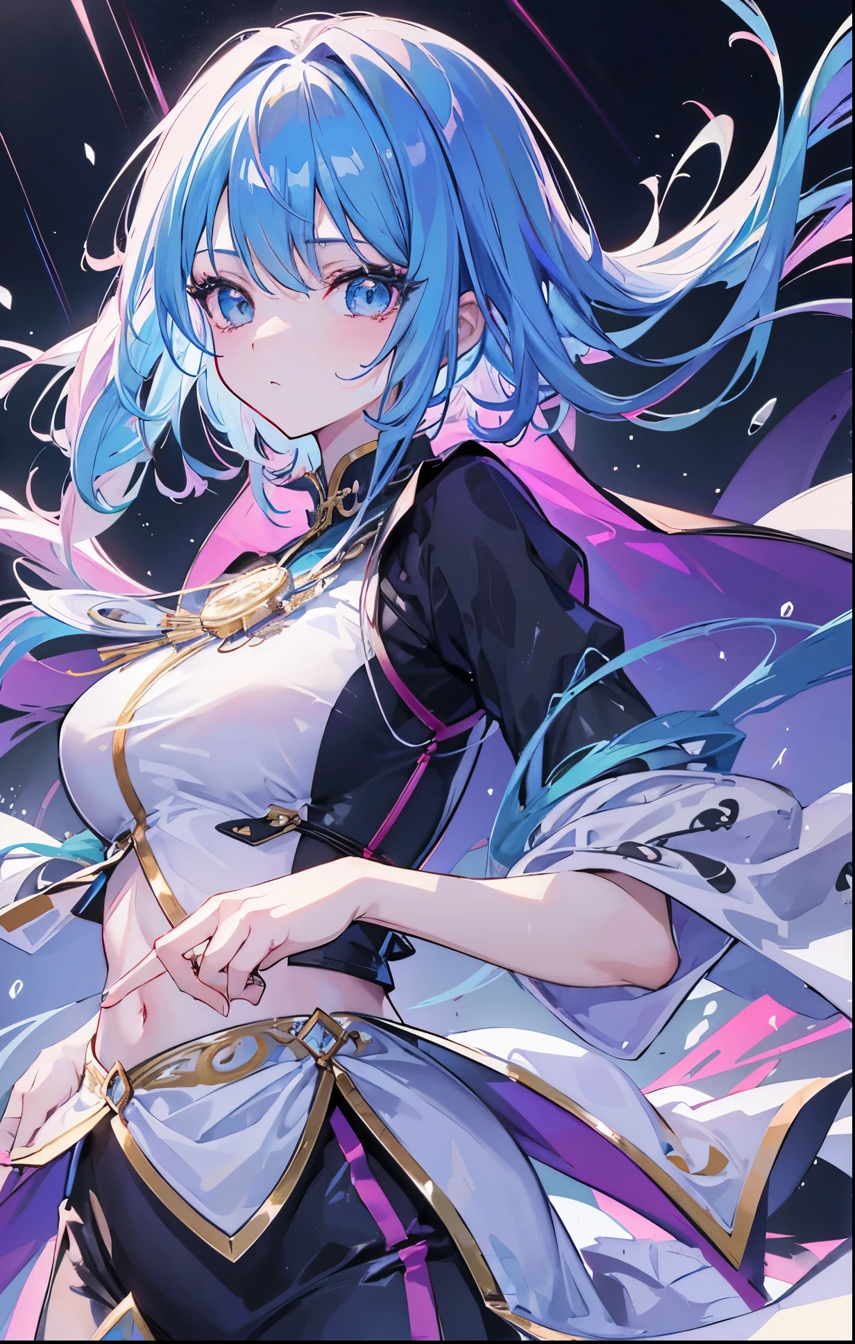 girl,anime style,looking at the audience,High level of detail,reflective transparent iridescent colors,long transparent iridescent hair,Portrait of waist up,华丽的神圣girl,best quality,Super detailed,sad,clever,beautiful face,Beautiful black light background,Rendered character style,dance in the rain