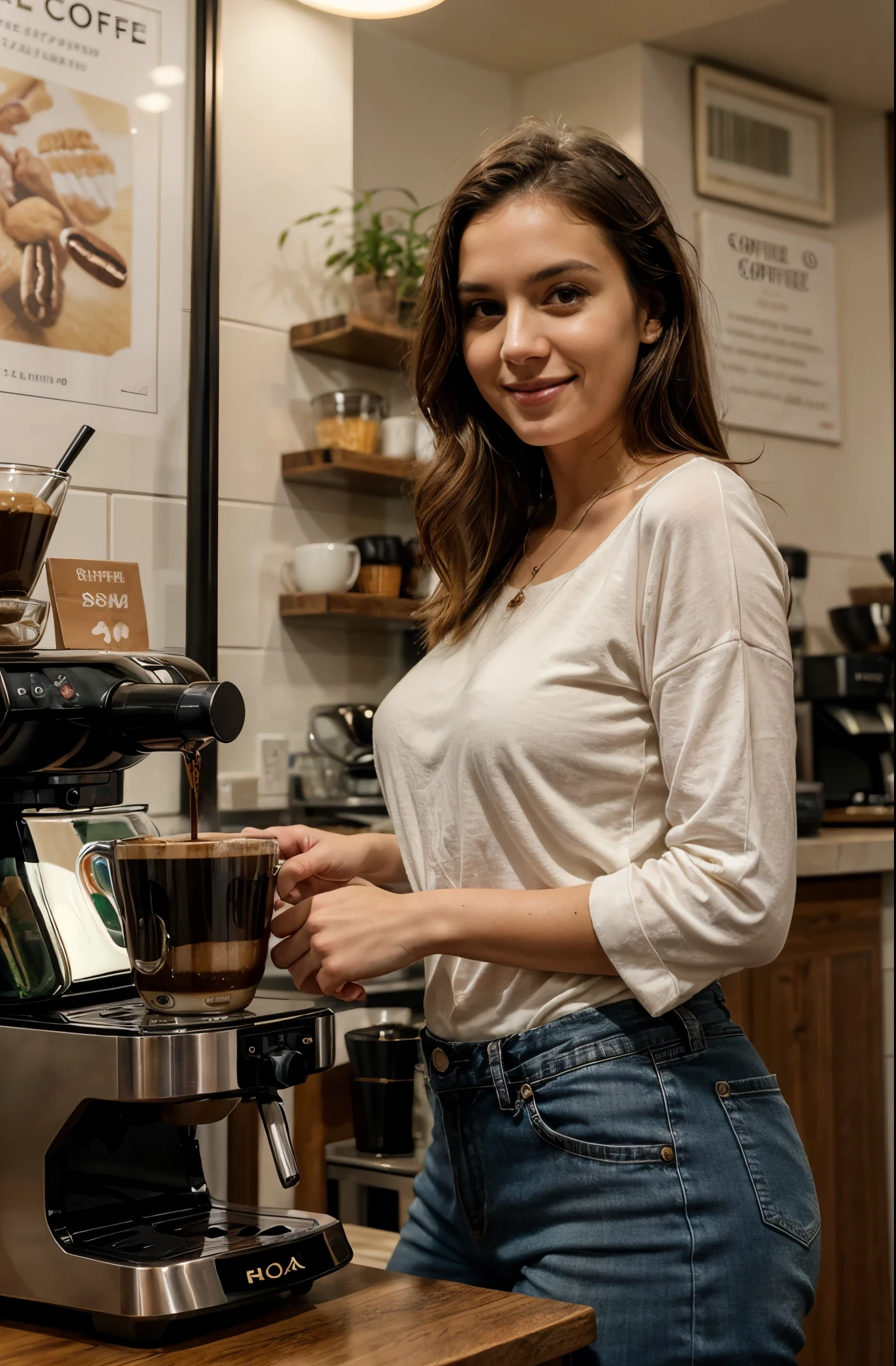 (best quality,4k,8k,highres,masterpiece:1.2),ultra-detailed,(realistic,photorealistic,photo-realistic:1.37),beautiful woman, 30 years old,smiling woman,long,wavy,dark brown hair,dark brown eyes,happy expression,detailed hair strands,happiness,relaxing atmosphere,upscale coffee shop,dressed in jeans,stylish and modern outfit,comfortable seating area,wooden furniture,cozy ambient lighting,large glass windows,people enjoying their coffee,different coffee brewing equipment,high quality coffee beans,rich aroma,freshly ground coffee beans,delicate foam on the coffee cup,steaming hot coffee,takeout cups,coffee machine on the counter,espresso machines,soft background music,vibrant and energetic atmosphere,warm color palette,neutral colors with pops of earth tones,warm and soft lighting,stylish decor elements,artistic wall paintings,beautifully designed menu board,hanging plants from the ceiling,bright and clean space,to-go pastry options,indulgent treats,detailed coffee cup designs,reflections on the coffee cups,friendly and attentive customer service,inviting and welcoming environment,classy and upscale coffee experience, best quality, UHD, high details, best quality, beautiful face, long oval face, deep cahrming look, deep eyes, cinematic lighting, motion blur, film grain, very detailed, 30 years, natural wave hair, dark brown eyes, high-res, masterpiece, best quality, intricate details, highly detailed, sharp focus, detailed skin, realistic skin texture, texture, detailed eyes, professional, 4k, 85mm, shallow depth of field, kodak color vision, perfect fit body, extremely detailed, photo_\(ultra\), photorealistic, realistic, post-processing, maximum detail, roughness, real life, ultra realistic, photorealism, photography, 8k uhd, photography (grain of film) medium shot for closeup shot, longer slimer face, perfect face, MIDDLE SIZE BREAST, sporty slim body, HANDS ARE HIDDEN FROM THE IMAGE