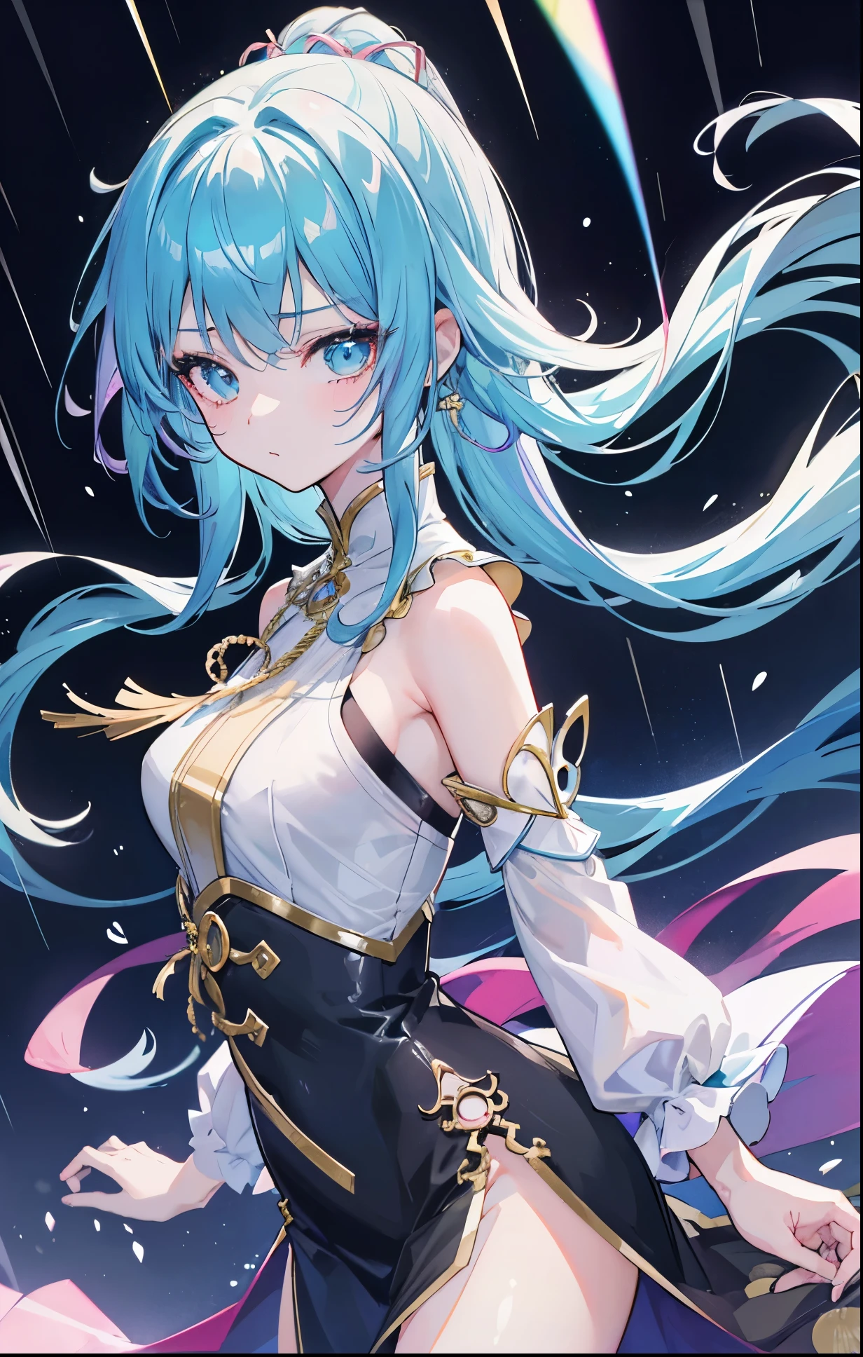 girl,anime style,looking at the audience,High level of detail,reflective transparent iridescent colors,long transparent iridescent hair,Portrait of waist up,华丽的神圣girl,best quality,Super detailed,sad,clever,beautiful face,Beautiful black light background,Rendered character style,dance in the rain