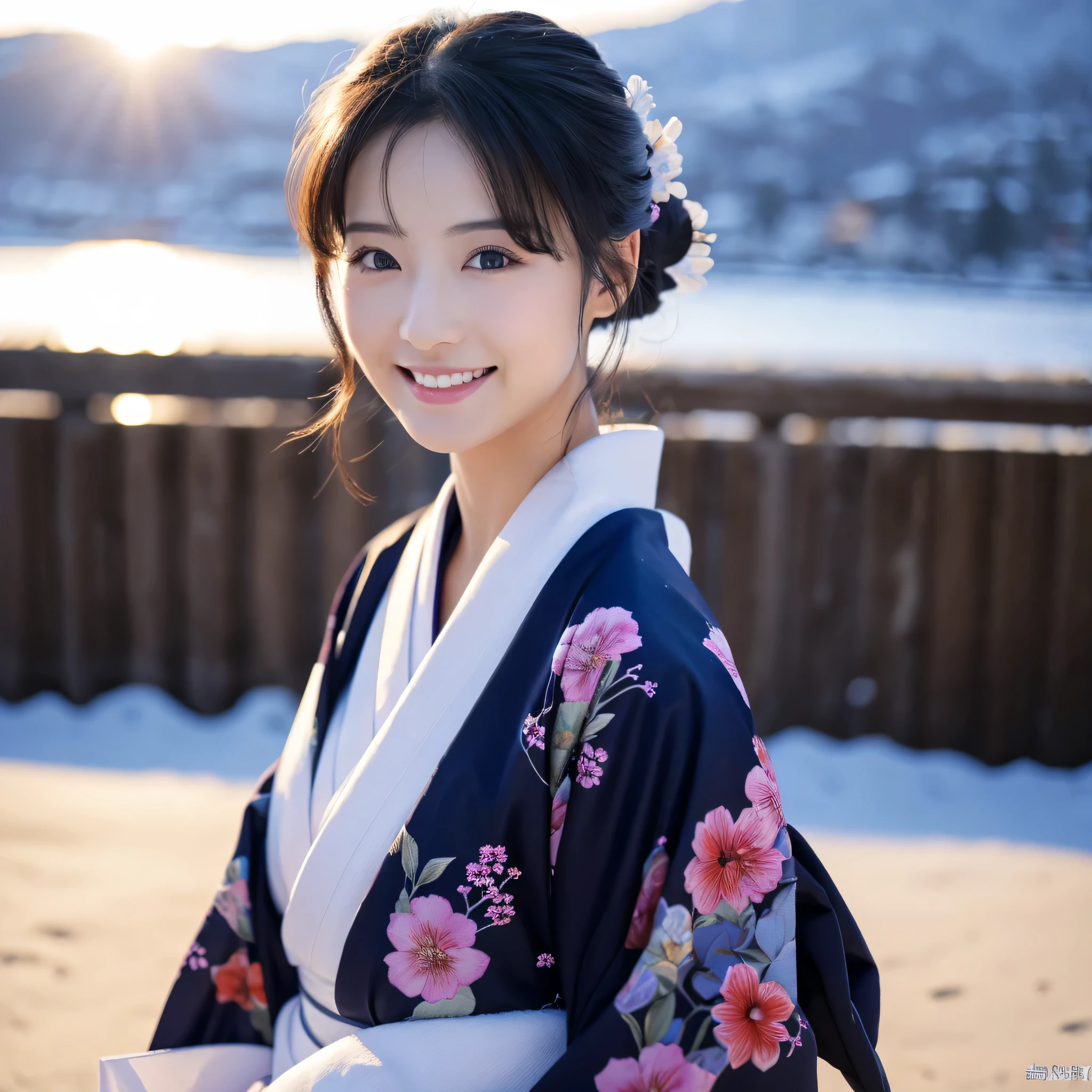 (Super beautiful woman in kimono)、((highest quality、8K masterpiece:1.3))、sharp focus:1.2、(super beautiful face:1.0)、(shiny skin:1.0)、realistic pictures、black hair、video lighting、High resolution eyes and face、video lighting、japanese actress、from the front、Medium chest、with a happy smile、Slender abs beauty、whole body、wearing a kimono、In the snowy landscape of midwinter、highest grade obi