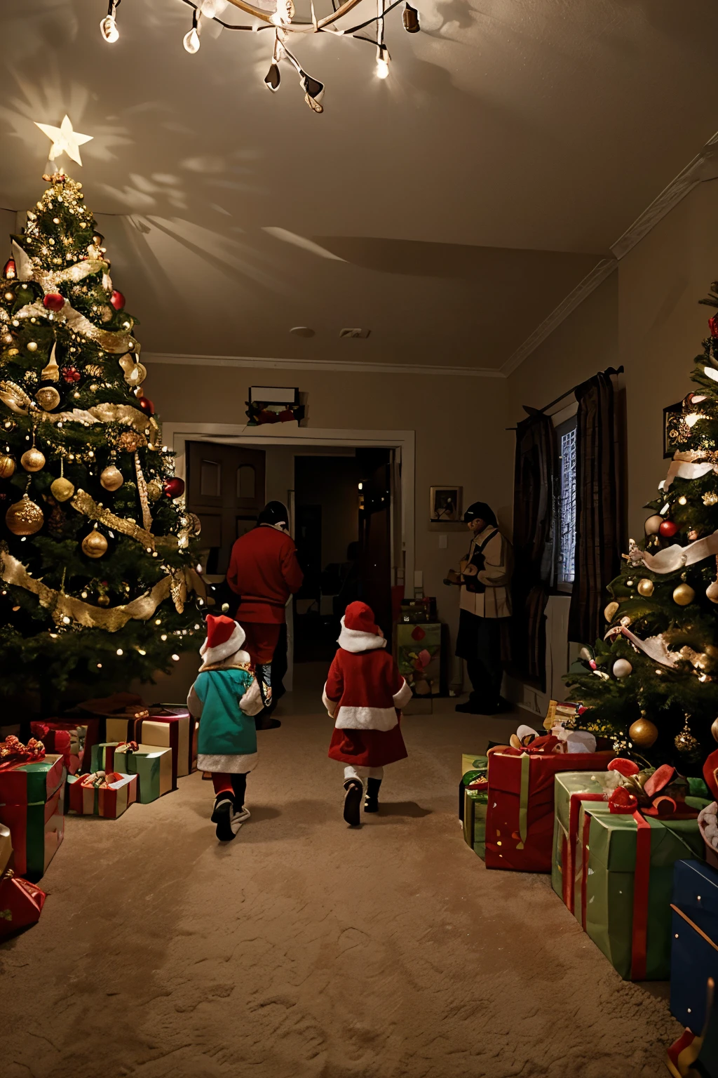 3 wise men entering the room of a 3-year-old child with their bags of gifts. The room is decorated with Christmas lights and decorations.