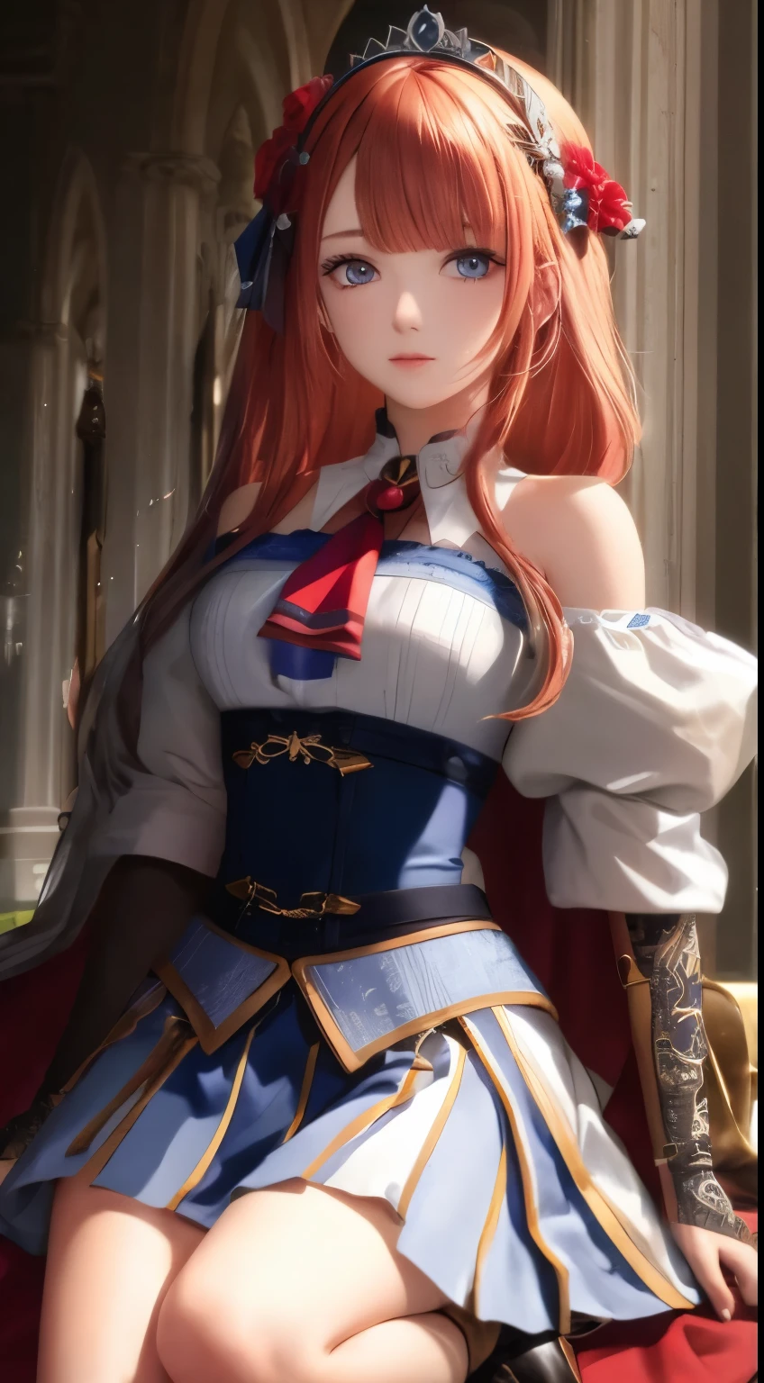 pecorine, pecorine, blue eyes, hair ornament, long hair, orange hair, tiara, braid, hair braid, BREAK arm belt, armor, ascot, blue socks, boots, dress, gloves, hair ornament, open clothes, open dress, pauldrons, pleated skirt, puffy short sleeves, puffy sleeves, red ascot, red skirt, short sleeves, shoulder armor, single pauldron, skirt, socks, white dress, white footwear, white gloves, BREAK looking at viewer, full body, BREAK outdoors, BREAK (masterpiece:1.2), best quality, high resolution, unity 8k wallpaper, (illustration:0.8), (beautiful detailed eyes:1.6), extremely detailed face, perfect lighting, extremely detailed CG, (perfect hands, perfect anatomy),
