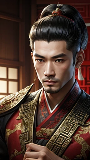 oriental、man in ancient chinese clothes、ancient chinese hairstyle man、three kingdom、multiple warlords、highest quality、masterpiece、ultra high resolution、(Photoreal:1.4)、game poster、inside the house、