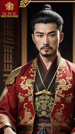 oriental、man in ancient chinese clothes、ancient chinese hairstyle man、three kingdom、multiple warlords、highest quality、masterpiece、ultra high resolution、(Photoreal:1.4)、game poster、inside the house、