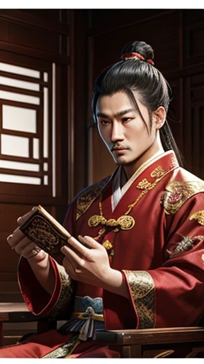 oriental、man in ancient chinese clothes、ancient chinese hairstyle man、three kingdom、multiple warlords、highest quality、masterpiece、ultra high resolution、(Photoreal:1.4)、game poster、inside the house、