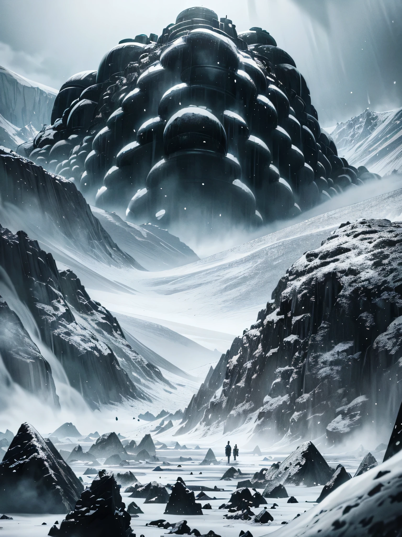 (dark biopunk art), ((biopunk tentacle hopeless horror)), high mountain peak, High Mountain, snow, gray and white colors, black tarry liquids, Dark sky, desolated, broken tents