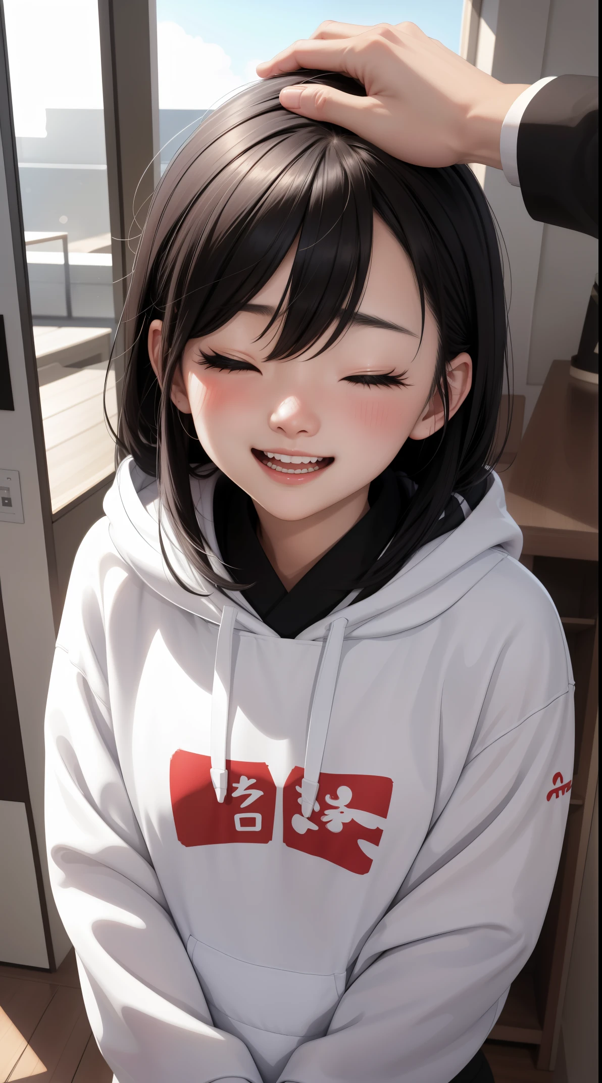 masterpiece, Surreal, hoodie, head部倾斜, 眼睛之间的head发, laughing out loud, open mouth, squint, 1 girl, alone, with one eye closed, 抬head仰望, backlight,Alternative colors, 交替head发长度, blushing perspective, head