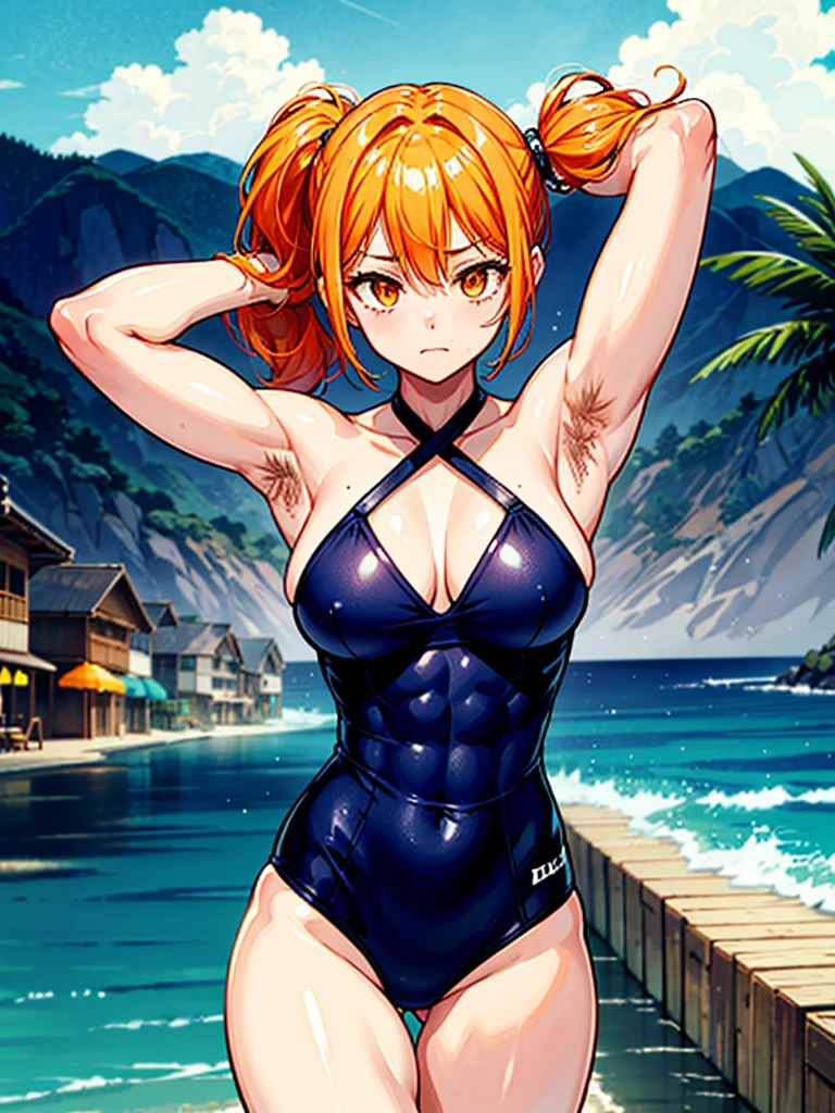 （（（masterpiece、Highest image quality、highest quality、highly detailed unity 8ｋwallpaper）））、（（Illustration of one girl））、（（（beautiful girl）））、（（orange hair、side ponytail、sidelocks：1.4、orange eyes））、（（（stocky build：1.4, thickset physique：1.6, muscular legs, broad shoulders, solid chest）））、（（（orange hairy armpits：1.4）））、(armpit hair:1.4)、swimsuit、sandy beach