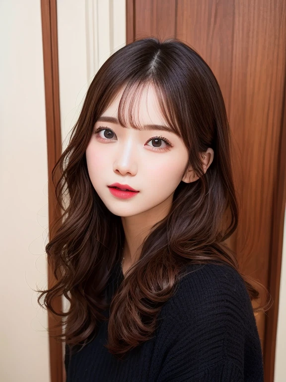 1 girl, 1 person, muste piece, best quality, illustration, Super detailed, fine details, High resolution, 8K Dende Wallpaper, perfect dynamic composition, beautiful detailed eyes, winter clothes,medium hair,natural color lip, Home front door(curly)、20 year old girl、cute type、show your look to the camera,A face of ecstasy,blur background,KPOP idol face,cute type,Shoot from a little above,Look up,anatomically correct body