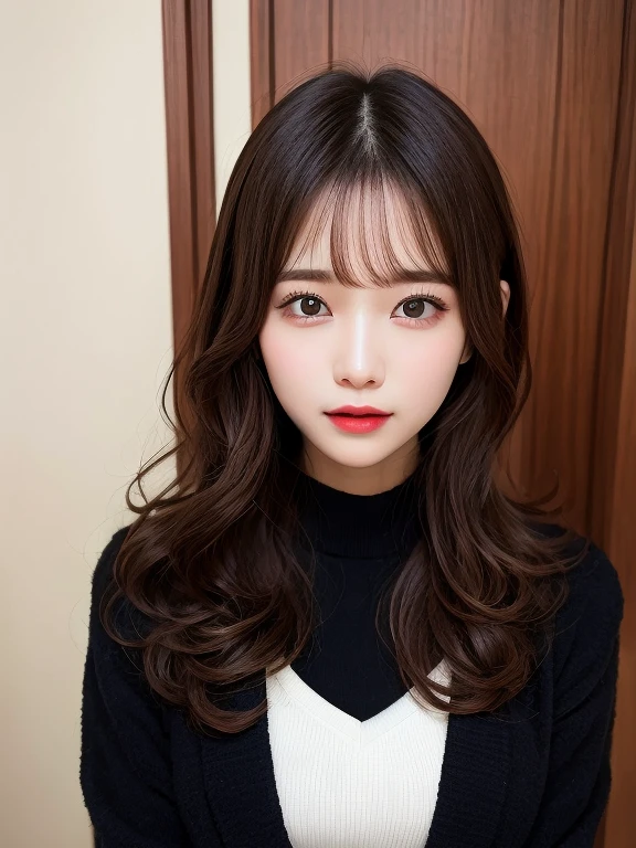 1 girl, 1 person, muste piece, best quality, illustration, Super detailed, fine details, High resolution, 8K Dende Wallpaper, perfect dynamic composition, beautiful detailed eyes, winter clothes,medium hair,natural color lip, Home front door(curly)、20 year old girl、cute type、show your look to the camera,A face of ecstasy,blur background,KPOP idol face,cute type,Shoot from a little above,Look up,anatomically correct body