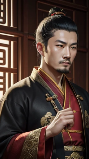 oriental、man in ancient chinese clothes、ancient chinese hairstyle man、three kingdom、multiple warlords、highest quality、masterpiece、ultra high resolution、(Photoreal:1.4)、game poster、inside the house、alone