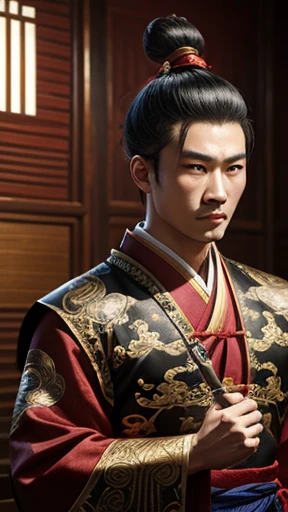 oriental、man in ancient chinese clothes、ancient chinese hairstyle man、three kingdom、multiple warlords、highest quality、masterpiece、ultra high resolution、(Photoreal:1.4)、game poster、inside the house、alone