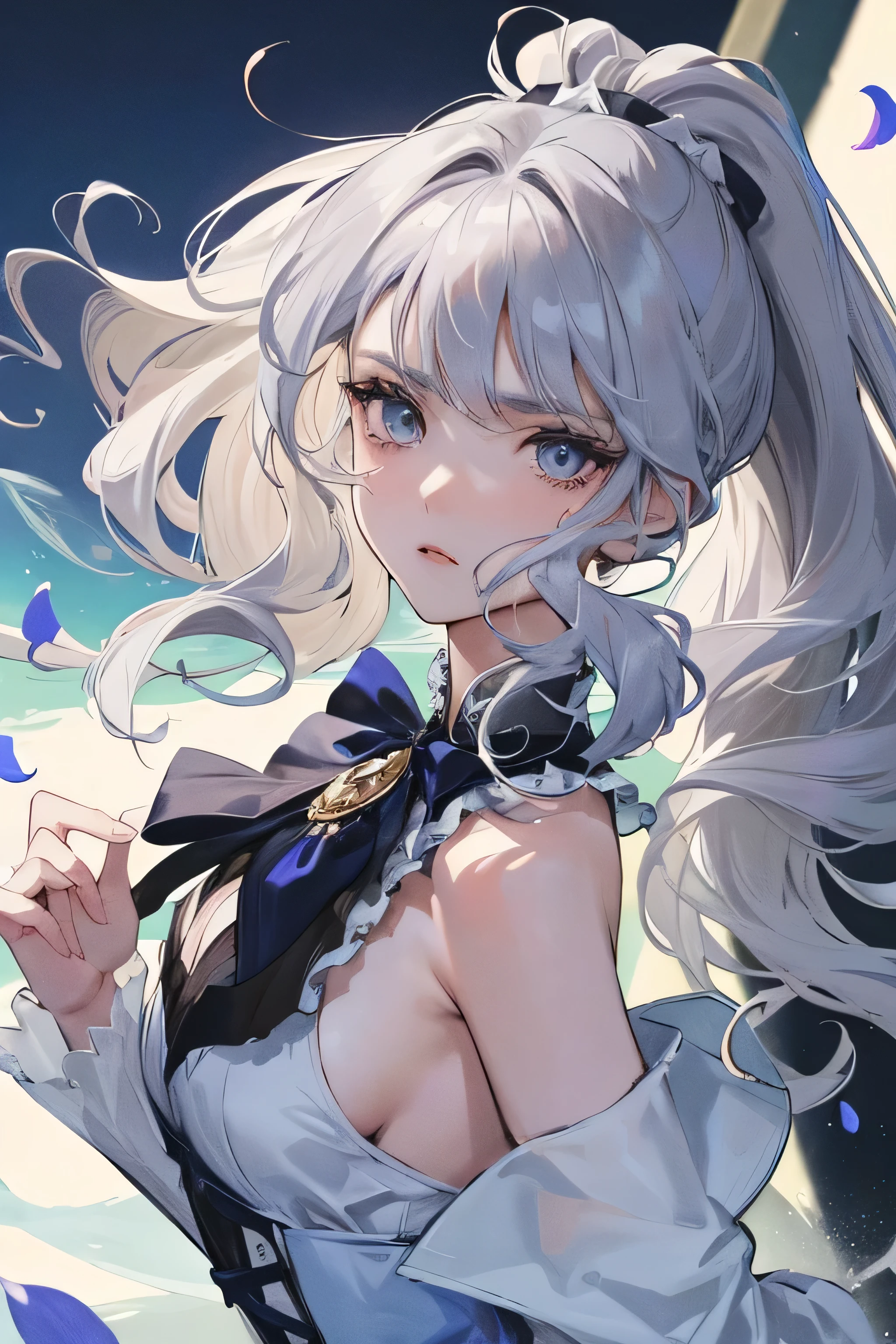 She is a very delicate and beautiful woman., anime style, official art, Drawn in the style of Mel Kishida, whole body, Front view, Focus on the eyes, tilted neck, beautiful detailed whole body, girl, young, 20-year-old, ponytail, curly hair with wavy bangs, light gray hair, slightly angry face, beautiful and fine eyes, beautiful detailed face, gothic dress, blue sky, petal, masterpiece, high quality, 最high quality, very detailed, 4K