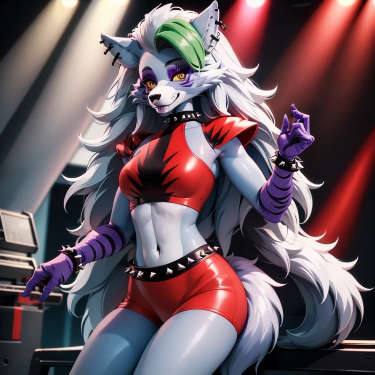 fnafroxanne, furry female, body fur, makeup, wolf ears, wolf tail, crop top, big breasts, purple lipstick, collar, spikes, jewelry, ear piercing, bracelet, yellow eyes, detailed eyes, 3DMM, gray hair, green hair, make sure to look for a roxanne model