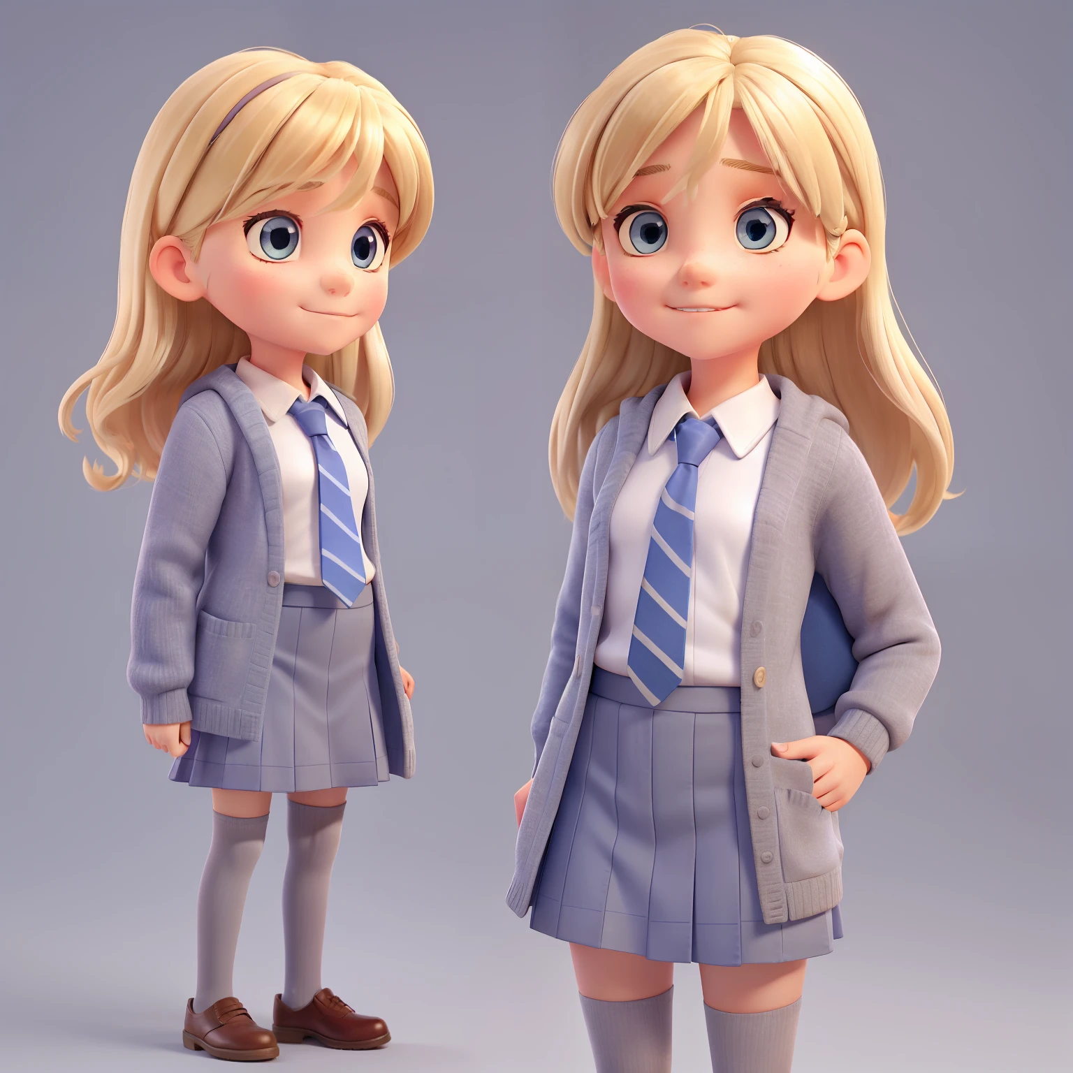 Girl, blonde hair, 6 , school uniform, blue tie, blue shirt, grey cardigan, grey skirt, grey tights, no background. Full body lenght portrait.