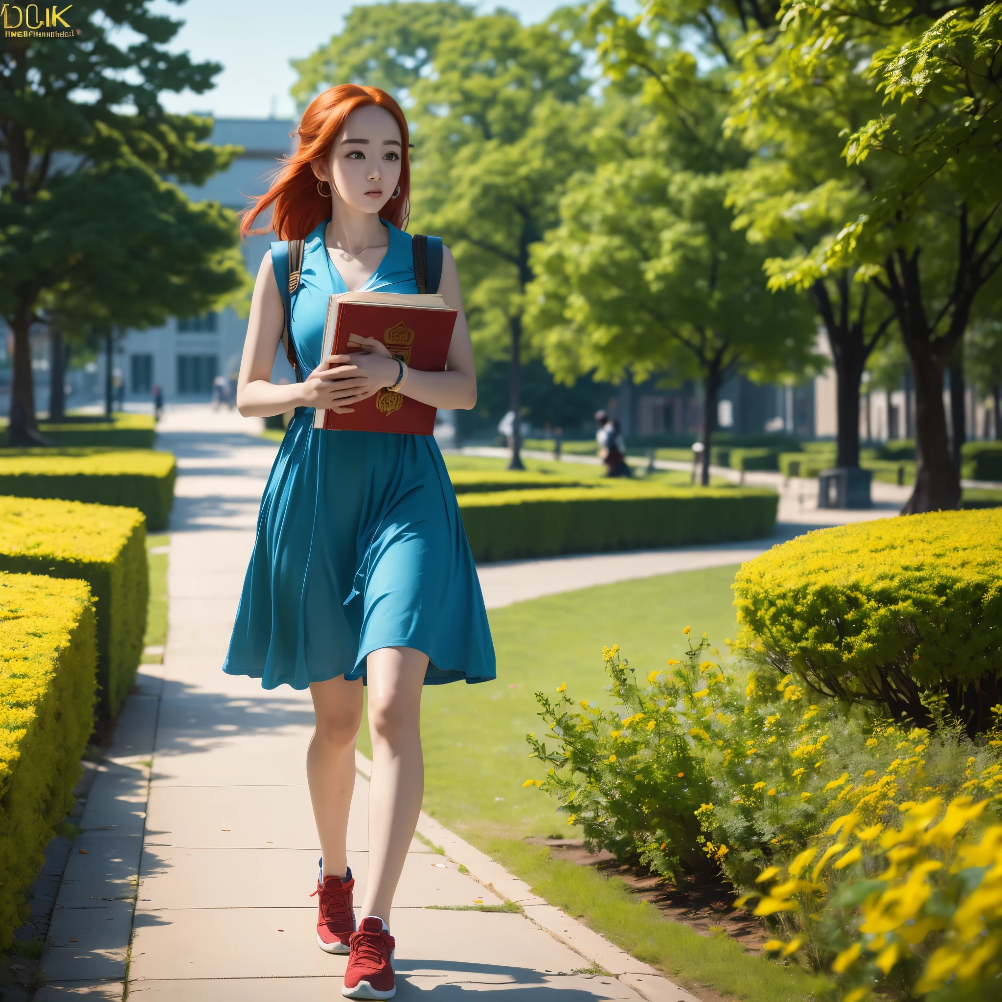 (best quality,4k,8k,highres,masterpiece:1.2),ultra-detailed, red haired Chinese college student, Dilraba Dilmurat, walking on campus. blue sundress, carrying books HDR, 8k, absurdres, cinestill 800, sharp focus