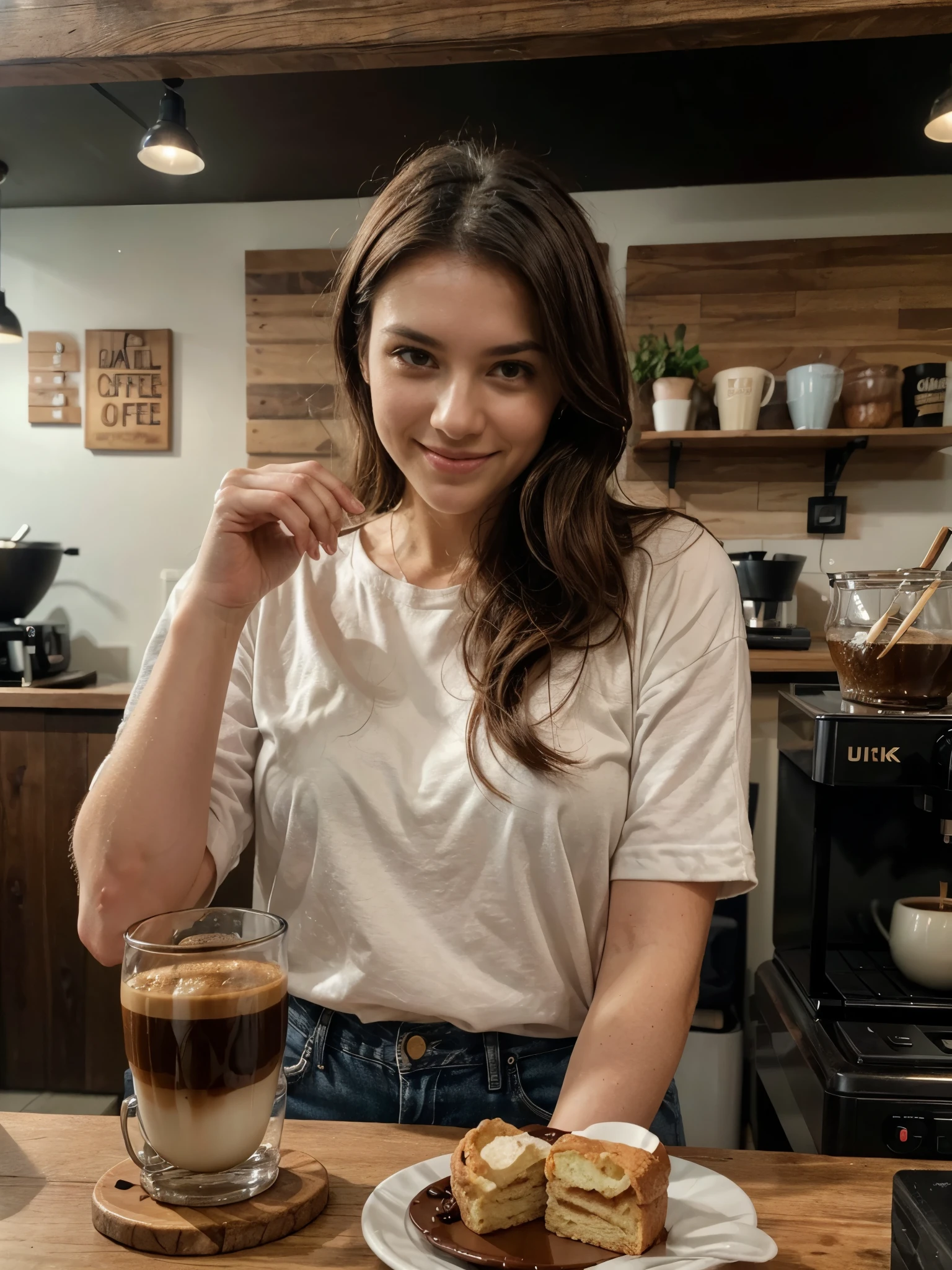 (best quality,4k,8k,highres,masterpiece:1.2),ultra-detailed,(realistic,photorealistic,photo-realistic:1.37),beautiful woman, 30 years old,smiling woman,long,wavy,dark brown hair,dark brown eyes,happy expression,detailed hair strands,happiness,relaxing atmosphere,upscale coffee shop,dressed in jeans,stylish and modern outfit,comfortable seating area,wooden furniture,cozy ambient lighting,large glass windows,people enjoying their coffee,different coffee brewing equipment,high quality coffee beans,rich aroma,freshly ground coffee beans,delicate foam on the coffee cup,steaming hot coffee,takeout cups,coffee machine on the counter,espresso machines,soft background music,vibrant and energetic atmosphere,warm color palette,neutral colors with pops of earth tones,warm and soft lighting,stylish decor elements,artistic wall paintings,beautifully designed menu board,hanging plants from the ceiling,bright and clean space,to-go pastry options,indulgent treats,detailed coffee cup designs,reflections on the coffee cups,friendly and attentive customer service,inviting and welcoming environment,classy and upscale coffee experience, best quality, UHD, high details, best quality, beautiful face, long oval face, deep cahrming look, deep eyes, cinematic lighting, motion blur, film grain, very detailed, 30 years, natural wave hair, dark brown eyes, high-res, masterpiece, best quality, intricate details, highly detailed, sharp focus, detailed skin, realistic skin texture, texture, detailed eyes, professional, 4k, 85mm, shallow depth of field, kodak color vision, perfect fit body, extremely detailed, photo_\(ultra\), photorealistic, realistic, post-processing, maximum detail, roughness, real life, ultra realistic, photorealism, photography, 8k uhd, photography (grain of film) medium shot for closeup shot, longer slimer face, perfect face, MIDDLE SIZE BREAST, sporty slim body, HANDS ARE HIDDEN FROM THE IMAGE