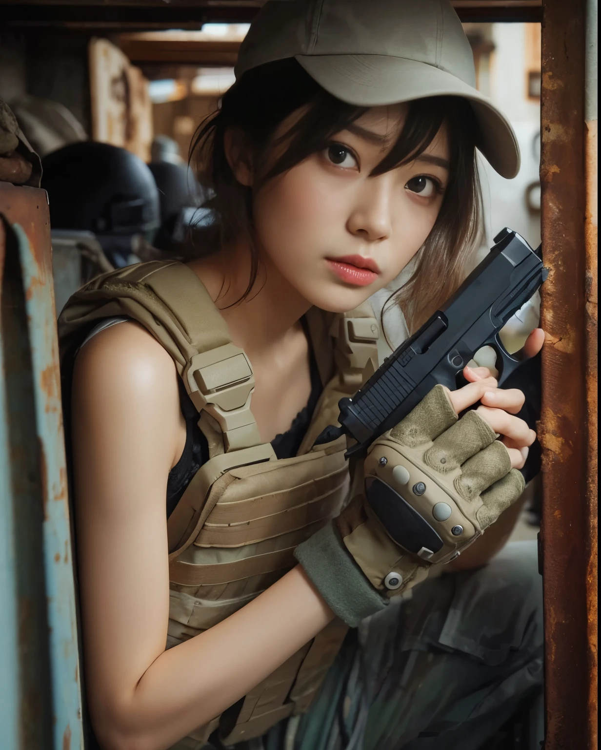 photorealistic、realistic skin texture、automatic rifle、