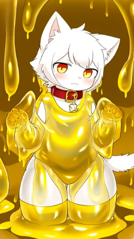 A male white cat wearing tights，潜入Golden Slime中，into the slime，（（Thighs covered with golden mucus）），Golden Slime，Golden Slime，collar，red pupils，cat ears，cat nose，transparent
