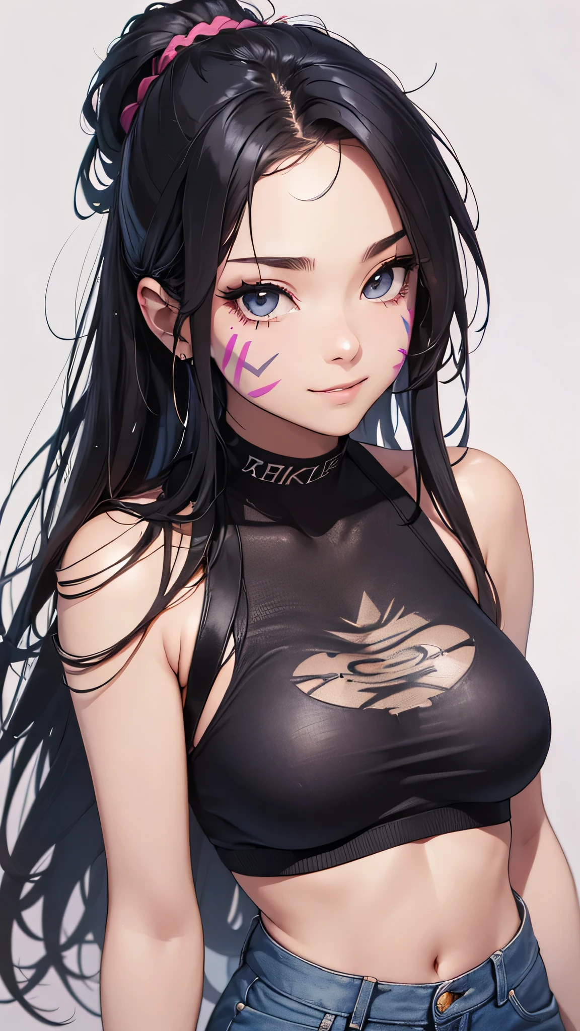 (score_9, score_8_up, score_7_up), 1girl, black hair, blunt bangs, long hair, broken halo, black eyes, alternative clothes, virgin killer sweater, detached sleeves, gray sweater, energy wings, looking at viewer, upper body, zoom out, small breasts, calm, portrait, white background,