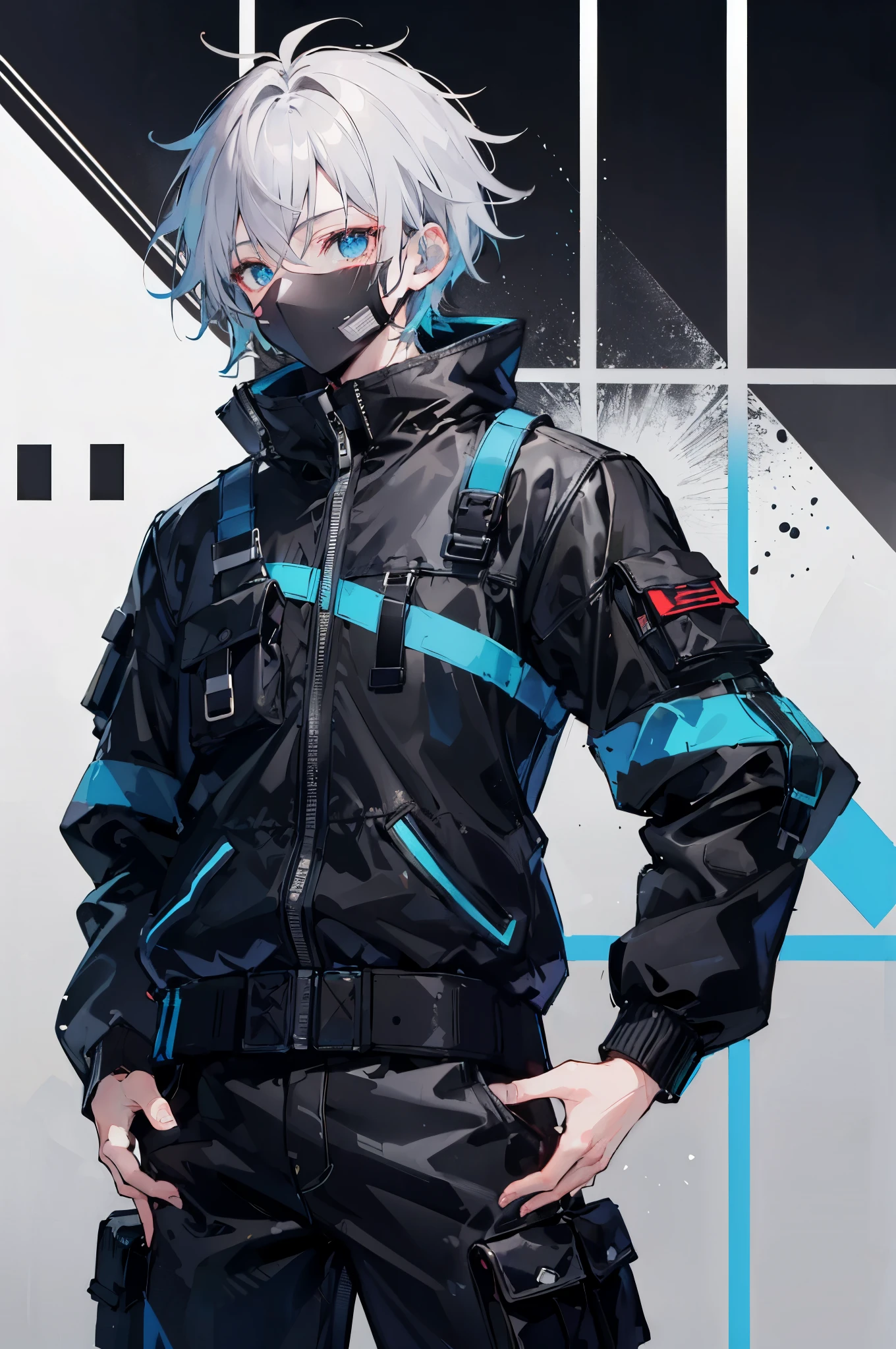 1boy,dark gray hair,black shirt and black bomber jacket top of it,black cargo pants,wearing black mask,techwear style