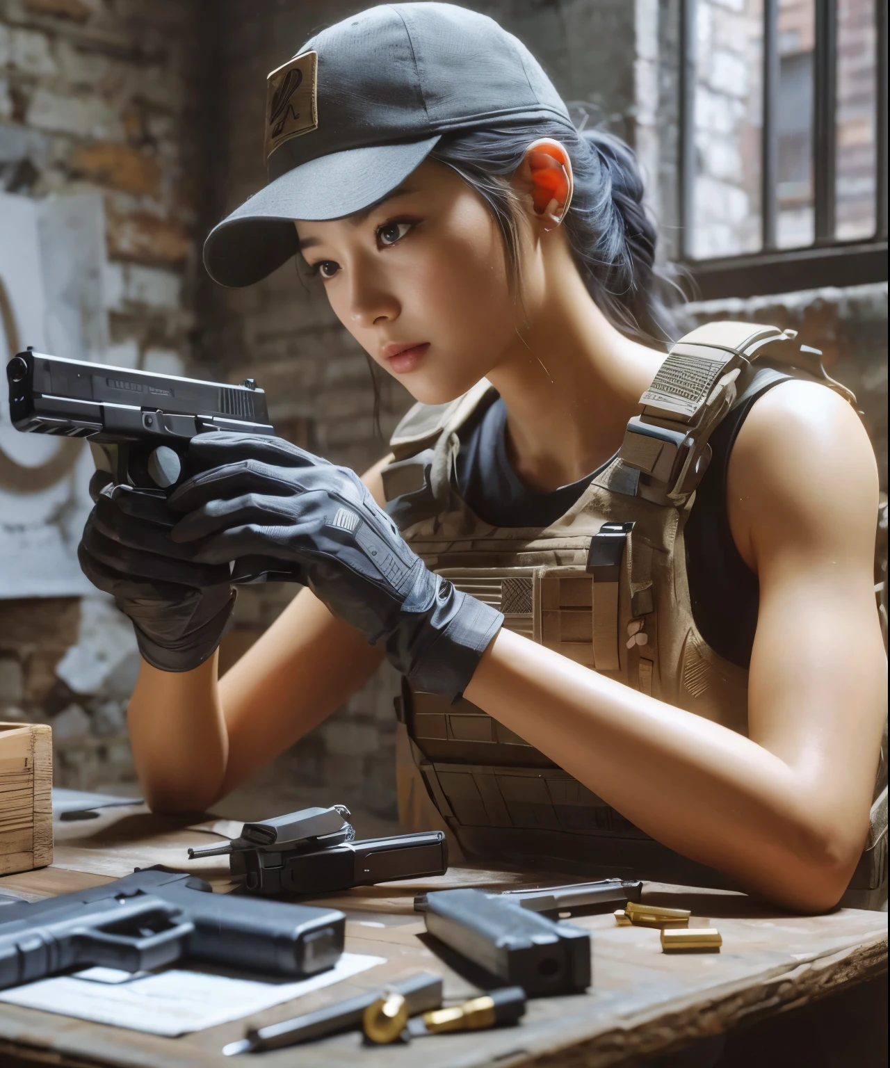 photorealistic、realistic skin texture、automatic rifle、