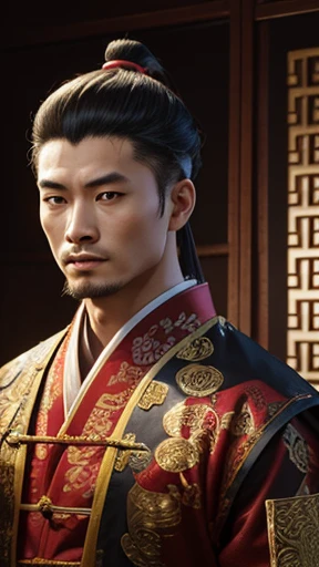 oriental、man in ancient chinese clothes、ancient chinese hairstyle man、three kingdom、multiple warlords、highest quality、masterpiece、ultra high resolution、(Photoreal:1.4)、game poster、inside the house、alone