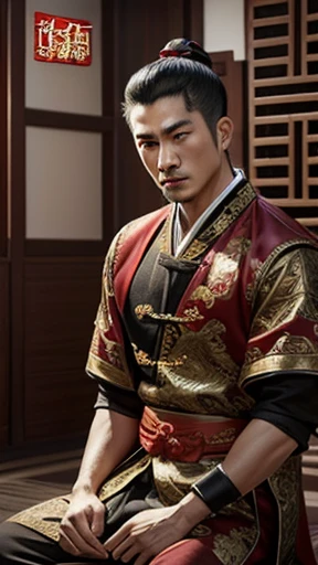 oriental、man in ancient chinese clothes、ancient chinese hairstyle man、three kingdom、multiple warlords、highest quality、masterpiece、ultra high resolution、(Photoreal:1.4)、game poster、inside the house、alone