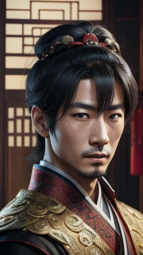 oriental、man in ancient chinese clothes、ancient chinese hairstyle man、three kingdom、multiple warlords、highest quality、masterpiece、ultra high resolution、(Photoreal:1.4)、game poster、inside the house、alone