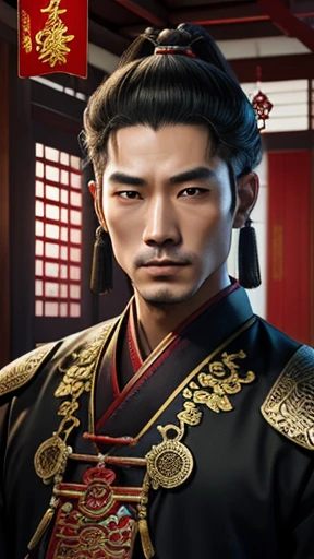 oriental、man in ancient chinese clothes、ancient chinese hairstyle man、three kingdom、multiple warlords、highest quality、masterpiece、ultra high resolution、(Photoreal:1.4)、game poster、inside the house、alone