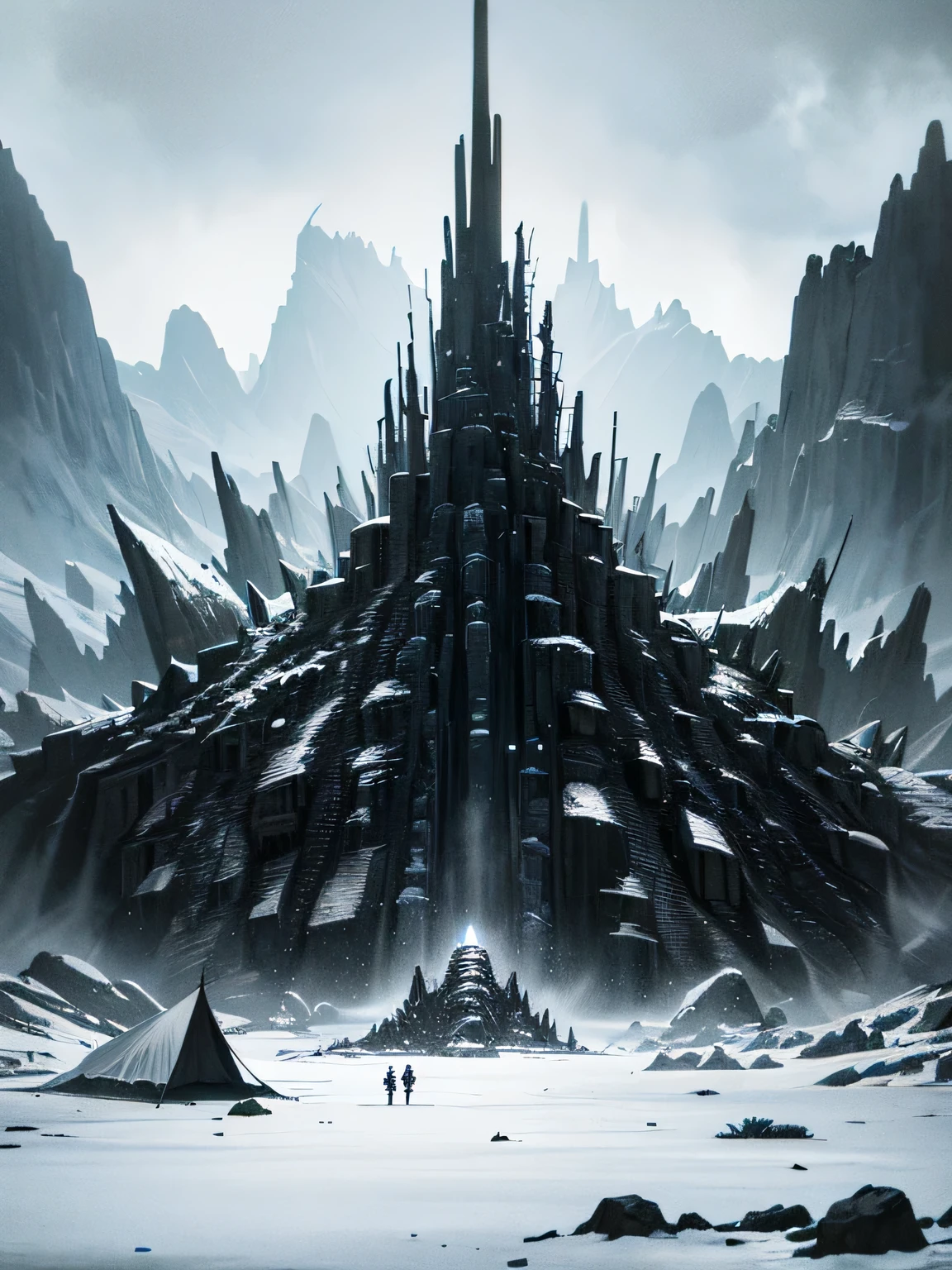 (dark biopunk art), ((biopunk tentacle hopeless horror fantasy art)), high mountain peak, High Mountain, snow, gray and white colors, black tarry liquids, Dark sky, desolated, broken tents
