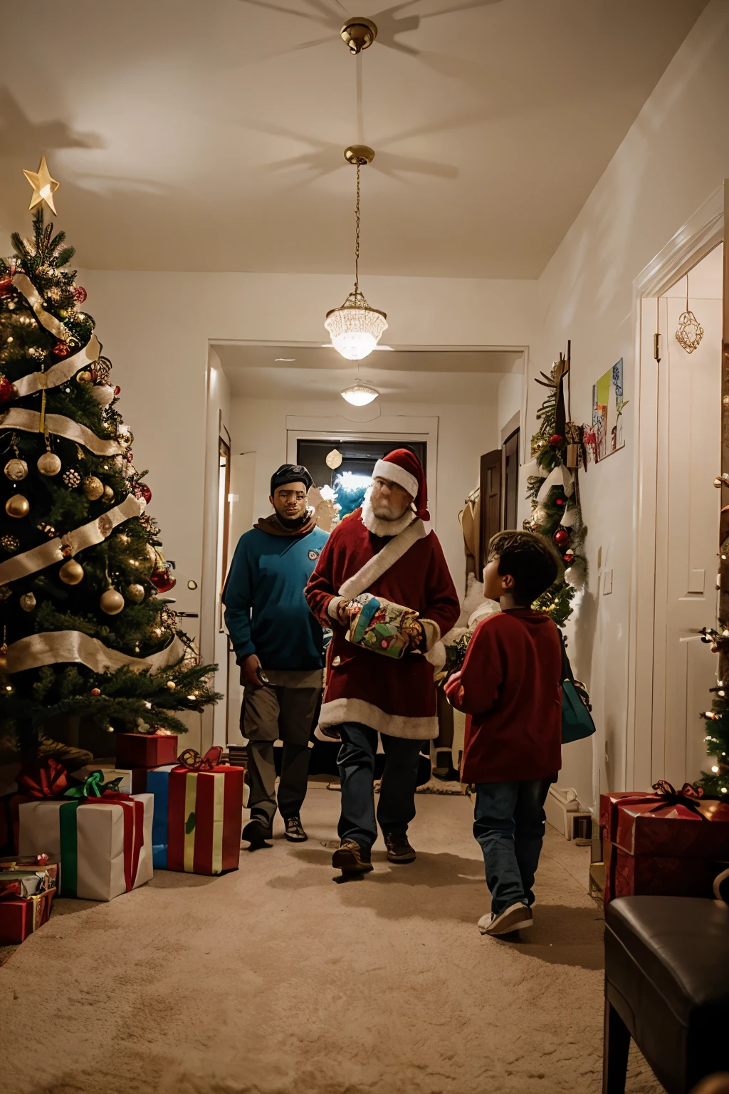 3 wise men entering the room of a 3-year-old child with their bags of gifts. The room is decorated with Christmas lights and decorations.