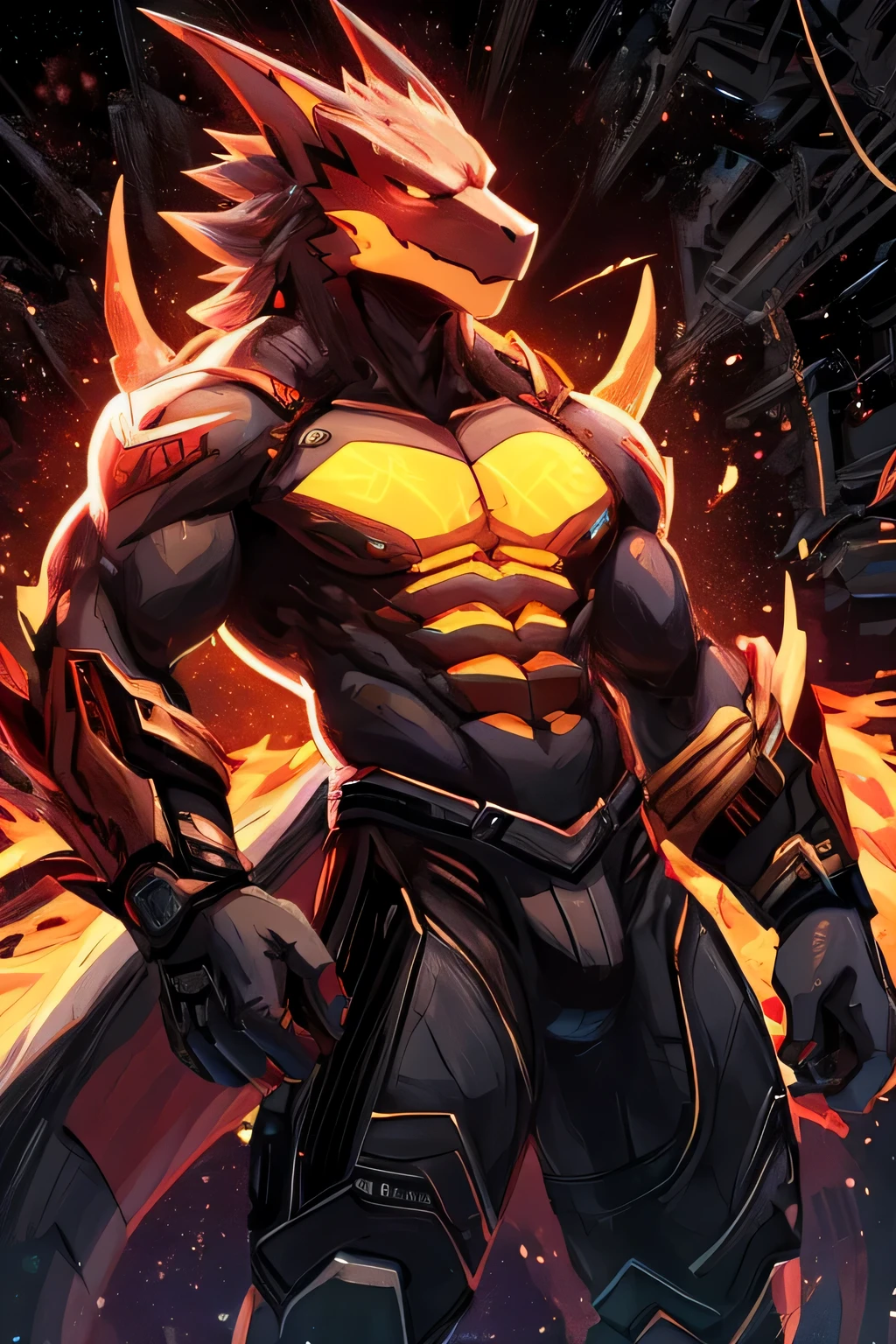 masterpiece, best quality, perfect anatomy, (detailed eyes:1.2), (Red Raptor), male, solo, cables as tenacles from back, glowing eyes, floating in air, digital_space, binary, glitchy, glitch creature, liquid, detailed background, Evil, Mischief, kemono, solo, made of glitch, void creature, chaos, corruption, bara, muscles, anime_pose, negative_space, inverted_filter, glitched, error, virus, malware, malicious