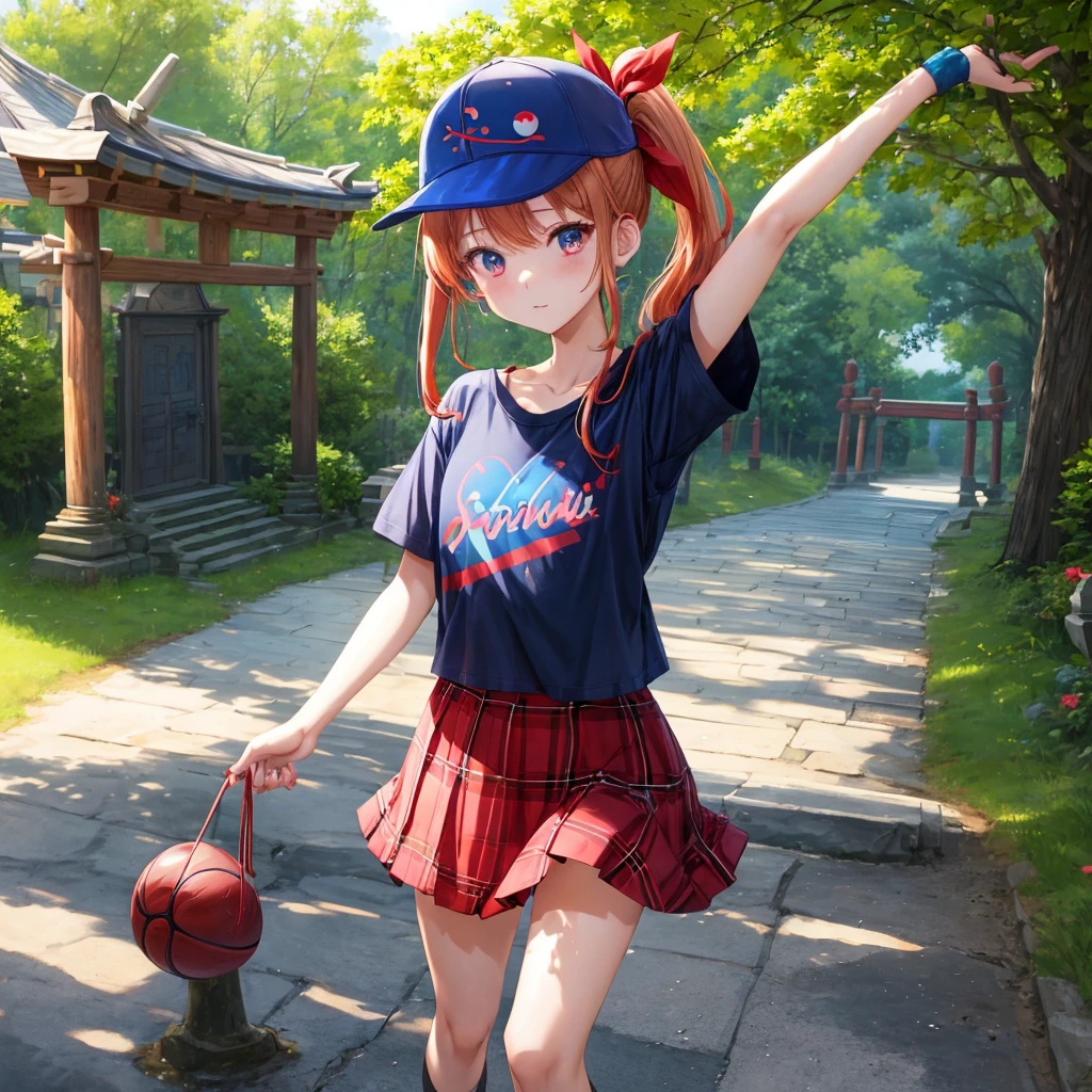 Red-blonde、blue hair、blue eyeraid、ponytail、one good looking girl、solo、anime、Plaid miniskirt、black t-shirt、camisole、forest、walking、Wearing a plaid baseball cap、Tilting your face、Doing the ribbon、sunset sky、stone bridge、stone stairs、petal、A small bird  flying、big tree、tunnel、squirt、Bang、stretching one&#39;s back