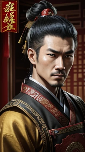oriental、man in ancient chinese clothes、ancient chinese hairstyle man、three kingdom、multiple warlords、highest quality、masterpiece、ultra high resolution、(Photoreal:1.4)、game poster、inside the house、alone