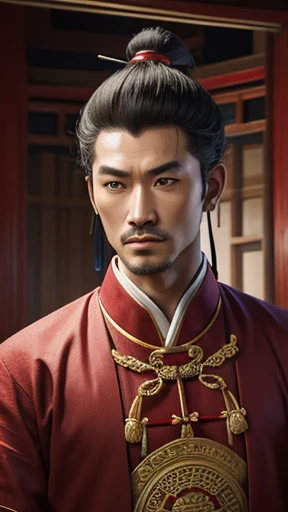 oriental、man in ancient chinese clothes、ancient chinese hairstyle man、three kingdom、multiple warlords、highest quality、masterpiece、ultra high resolution、(Photoreal:1.4)、game poster、inside the house、alone