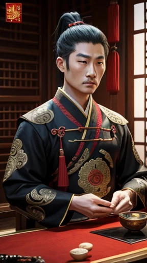 oriental、man in ancient chinese clothes、ancient chinese hairstyle man、three kingdom、multiple warlords、highest quality、masterpiece、ultra high resolution、(Photoreal:1.4)、game poster、inside the house、alone