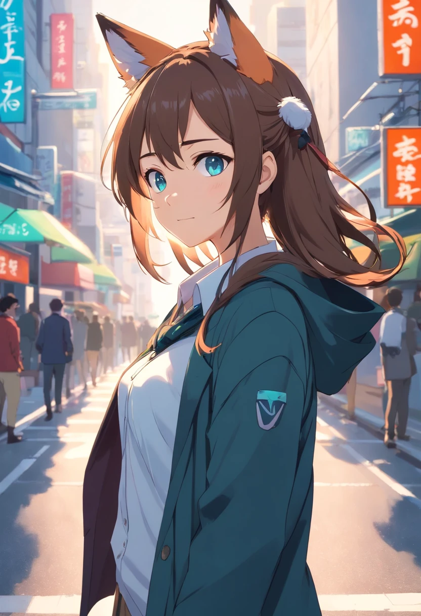 1girl, animal ear fluff, animal ears, aqua eyes, bangs, black coat, breasts, buttons, coat, crossed arms, fox ears, fox girl, highres, large breasts, long hair, looking at viewer, open mouth, partially unbuttoned,  road, scarf, shirt, short eyebrows, smile, solo, standing, street, tail, thick eyebrows, upper body, white shirt, from below