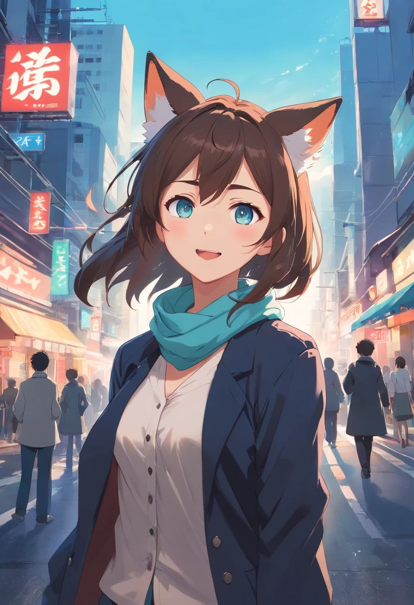 1girl, animal ear fluff, animal ears, aqua eyes, bangs, black coat, breasts, buttons, coat, crossed arms, fox ears, fox girl, highres, large breasts, long hair, looking at viewer, open mouth, partially unbuttoned, road, scarf, shirt, short eyebrows, smile, solo, standing, street, tail, thick eyebrows, upper body, white shirt, from below