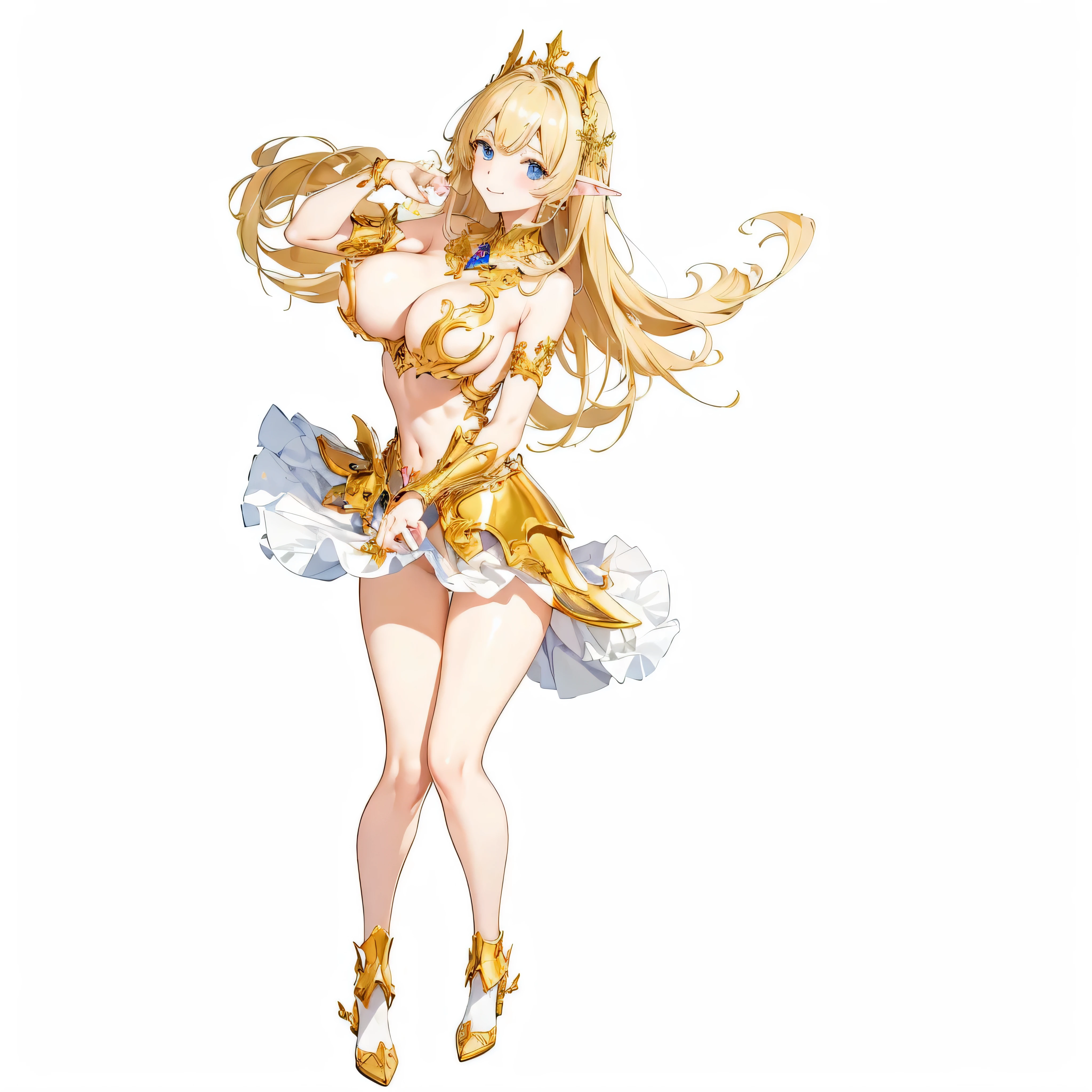 masterpiece、highest quality、very detailed、High resolution、16k、full nude、I can see your nipples、Teetoob proportions、goblinの女の子、golden armor、very thin skirt、black panties、very white skin、beautiful fingers、Anime girl with very big breasts posing naked、perfect style、goblin、No bra、blonde blue eyes、dull smile、slim the contours