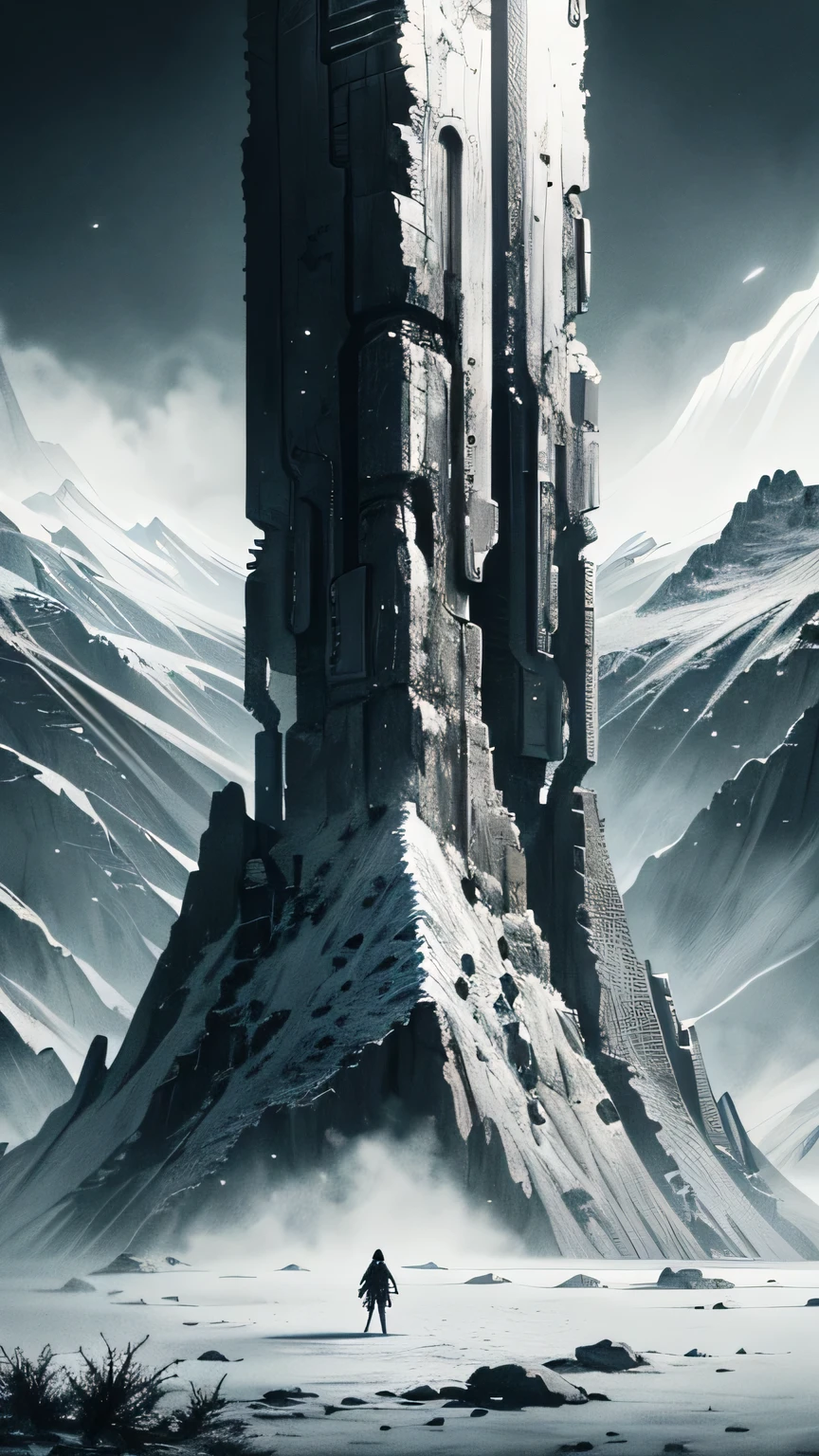 (dark biopunk art), ((biopunk tentacle hopeless horror fantasy art)), high mountain peak, High Mountain, snow, gray and white colors, black tarry liquids, Dark sky, desolated, broken tents