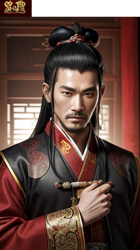 oriental、man in ancient chinese clothes、ancient chinese hairstyle man、three kingdom、multiple warlords、highest quality、masterpiece、ultra high resolution、(Photoreal:1.4)、game poster、inside the house、alone