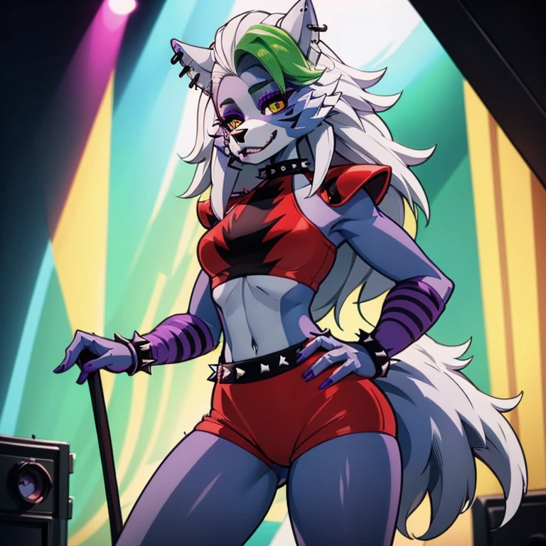 fnafroxanne, furry female, body fur, makeup, wolf ears, wolf tail, crop top, big breasts, purple lipstick, collar, spikes, jewelry, ear piercing, bracelet, yellow eyes, detailed eyes, 3DMM, gray hair, green hair, make sure to look for a roxanne model