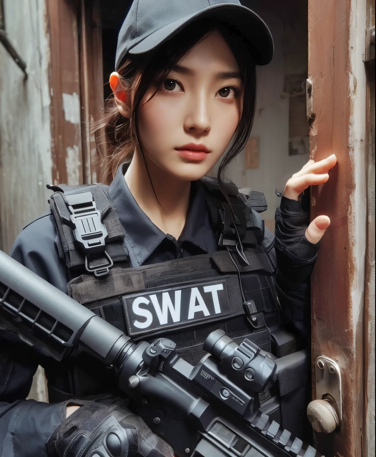 photorealistic、realistic skin texture、automatic rifle、scratch