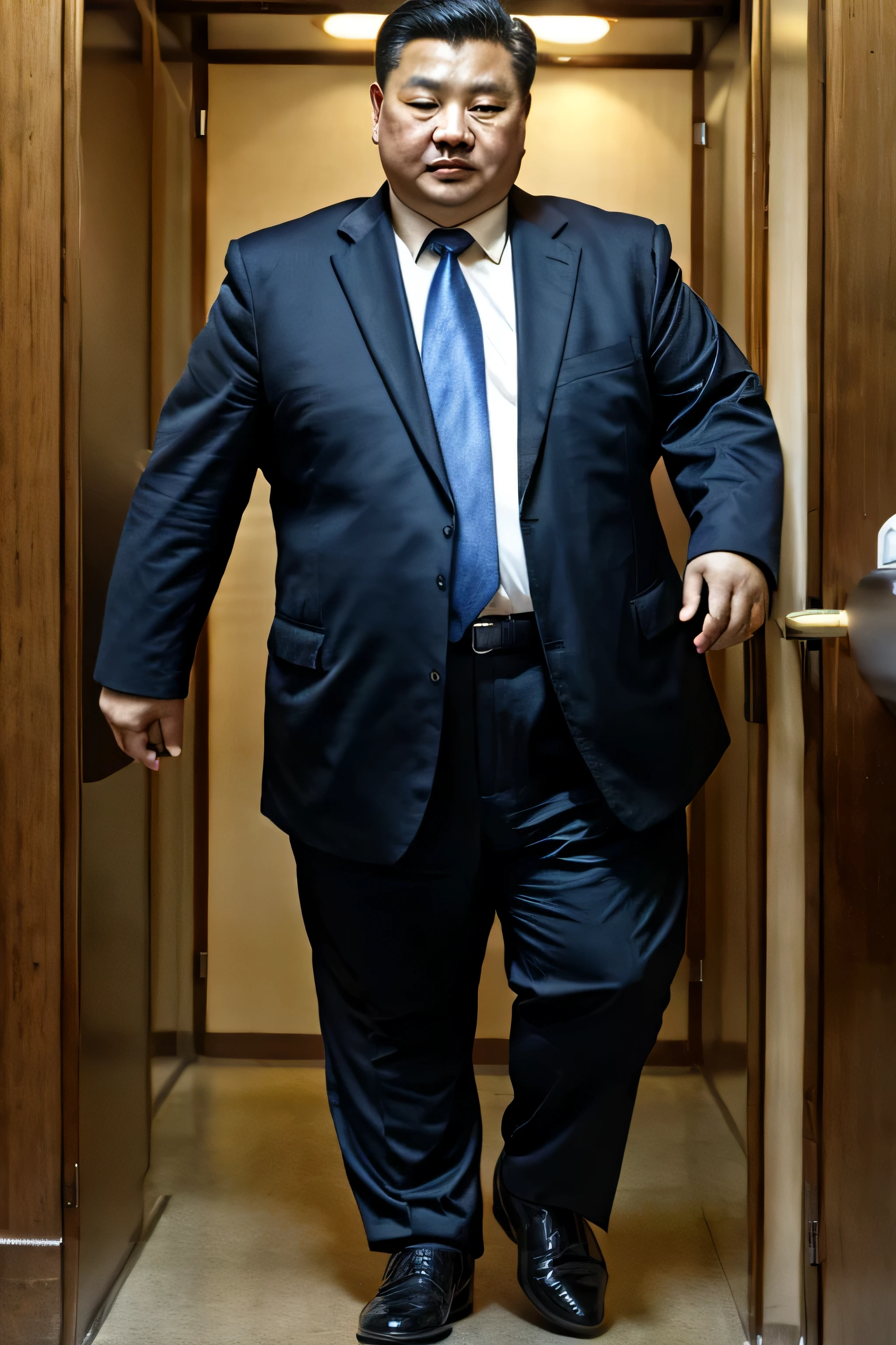 Two people wearing black ties, Fat Chinese mature middle-aged man with security guard，Aiming at the abdomen with fists